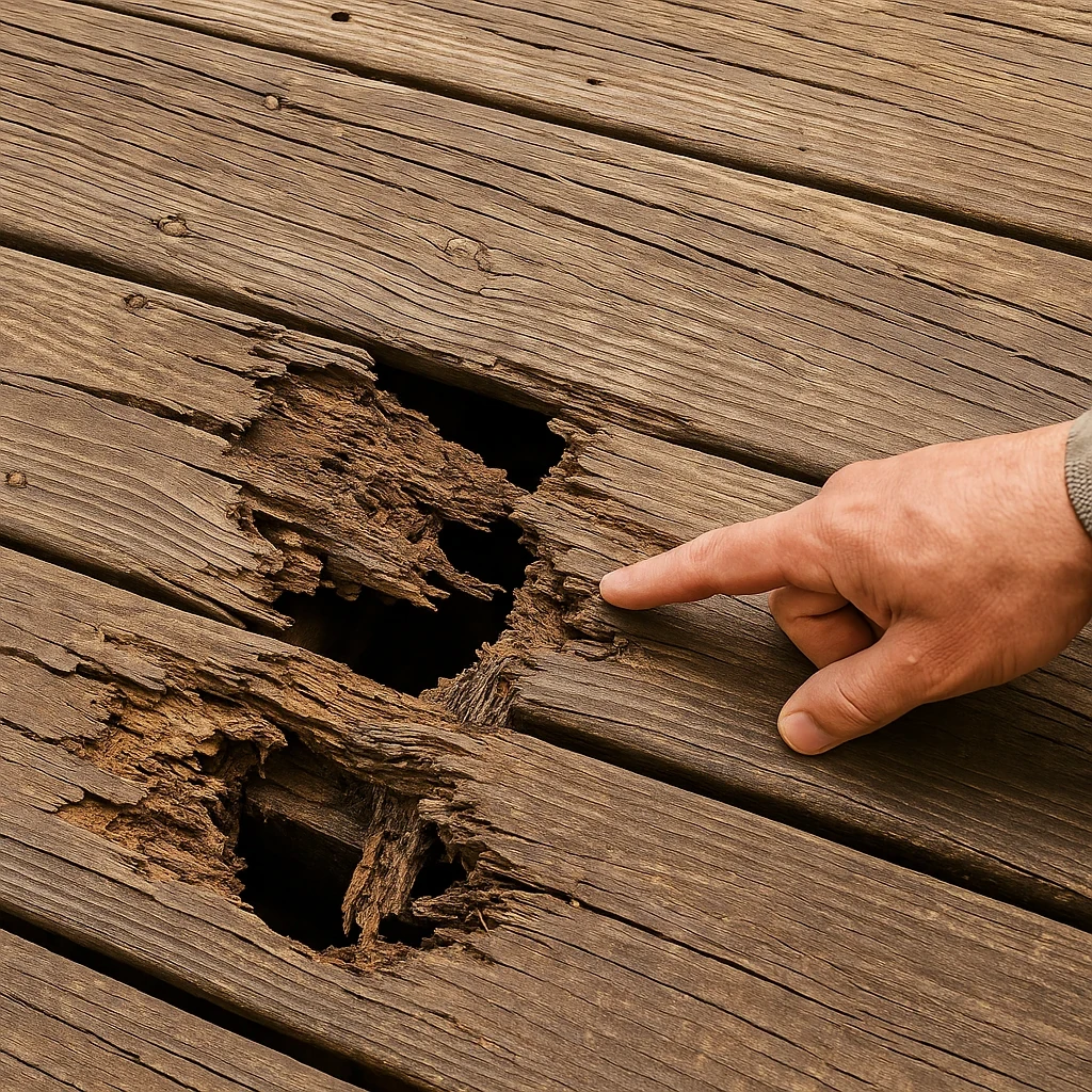 Close-up image showing damaged wooden deck boards with visible rot, splintering, and warped planks alongside a contractor's hand pointing to problem areas. The photo demonstrates multiple warning signs that indicate when deck replacement is necessary.