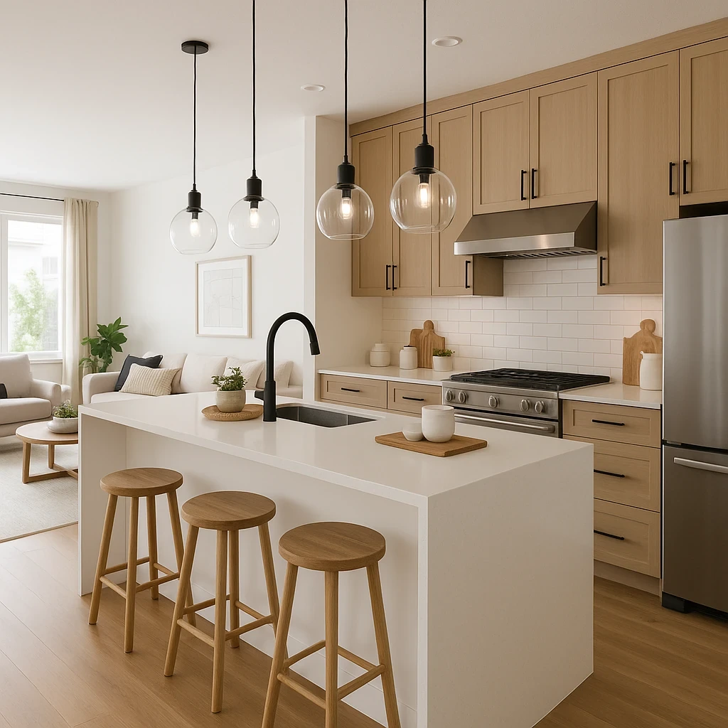 Modern open concept kitchen with island featuring waterfall edge, pendant lighting, and clear sight lines to adjacent living area. Professional styling shows how proper zoning maintains functionality while creating seamless flow between spaces.