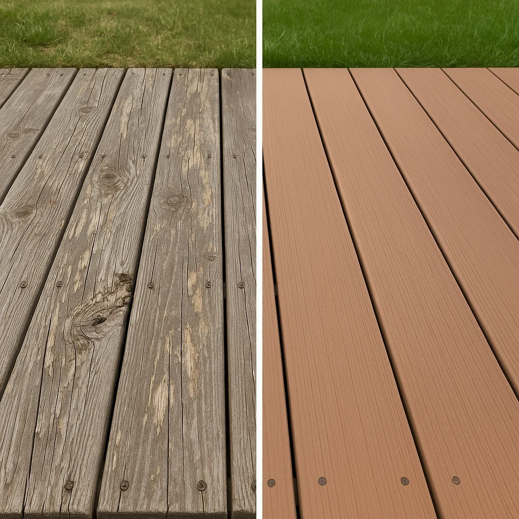 Split-screen comparison showing a weathered wooden deck on the left with visible damage and maintenance issues, contrasted with a pristine composite deck on the right. The illustration highlights the long-term benefits of modern composite materials over traditional wood decking.