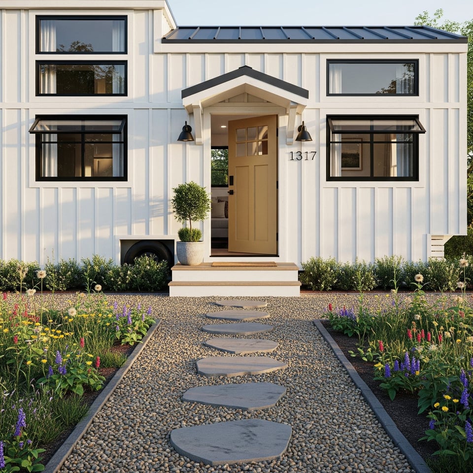a tiny house with black awning window frames, a dusty gold painted door, and a cottage-esque walkway.