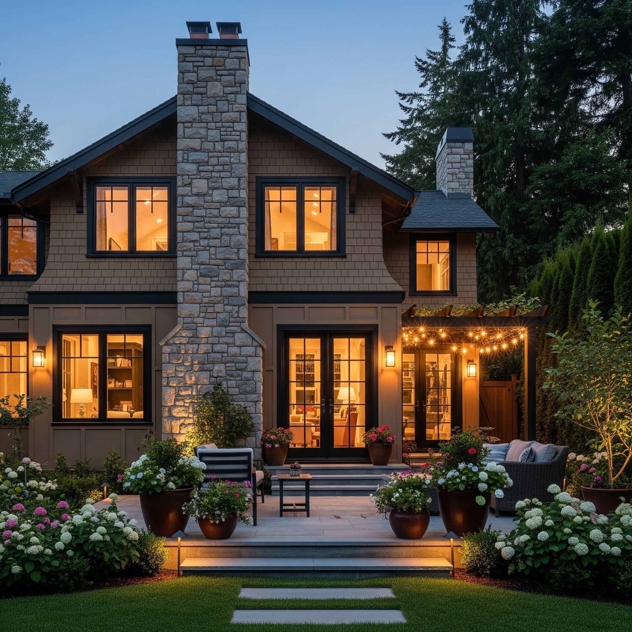 a home exterior with craftsman stone accents, from the viewpoint of the backyard with black window frames and a black set of French patio doors.