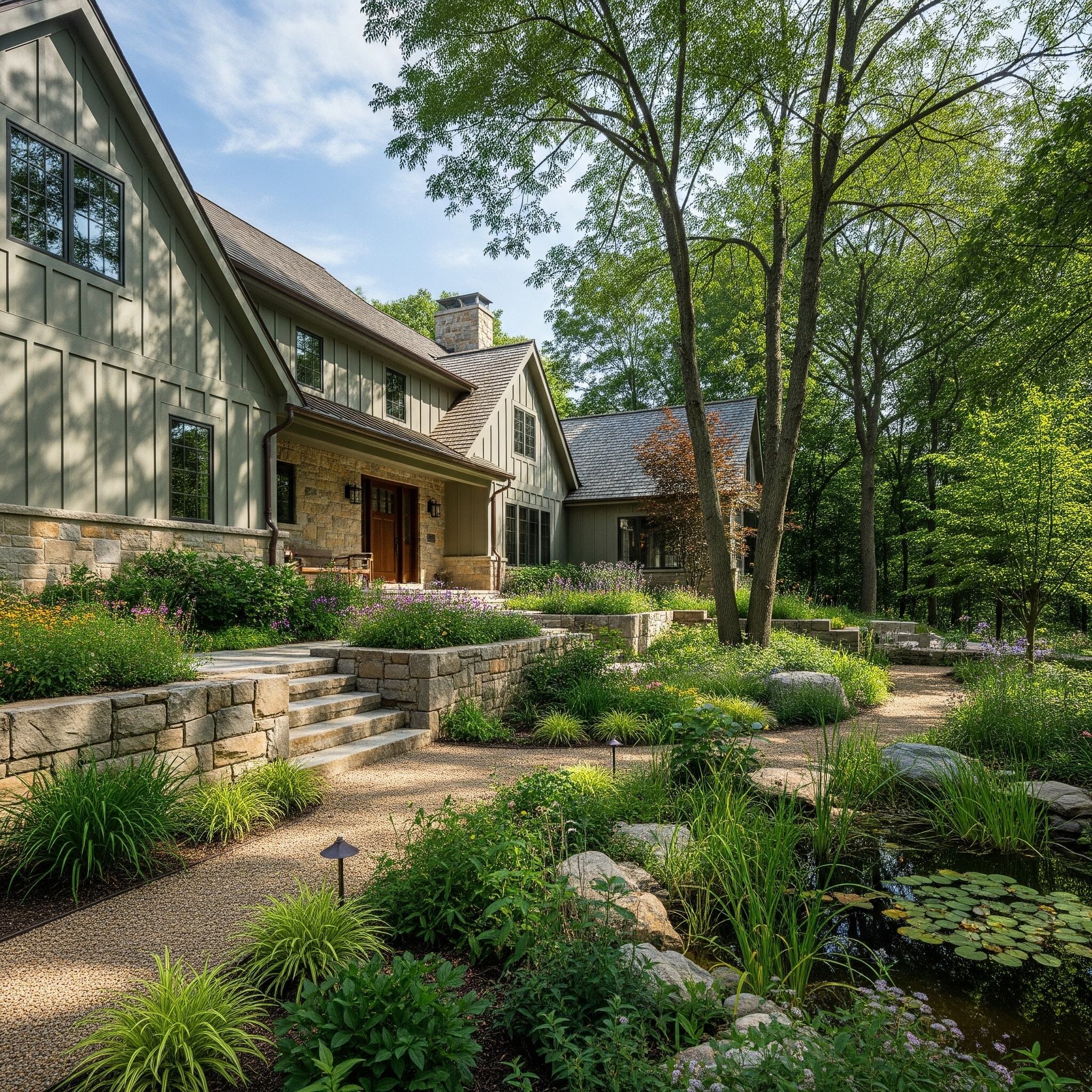 Midwestern home exterior with sage green board and batten siding mized with stone accents