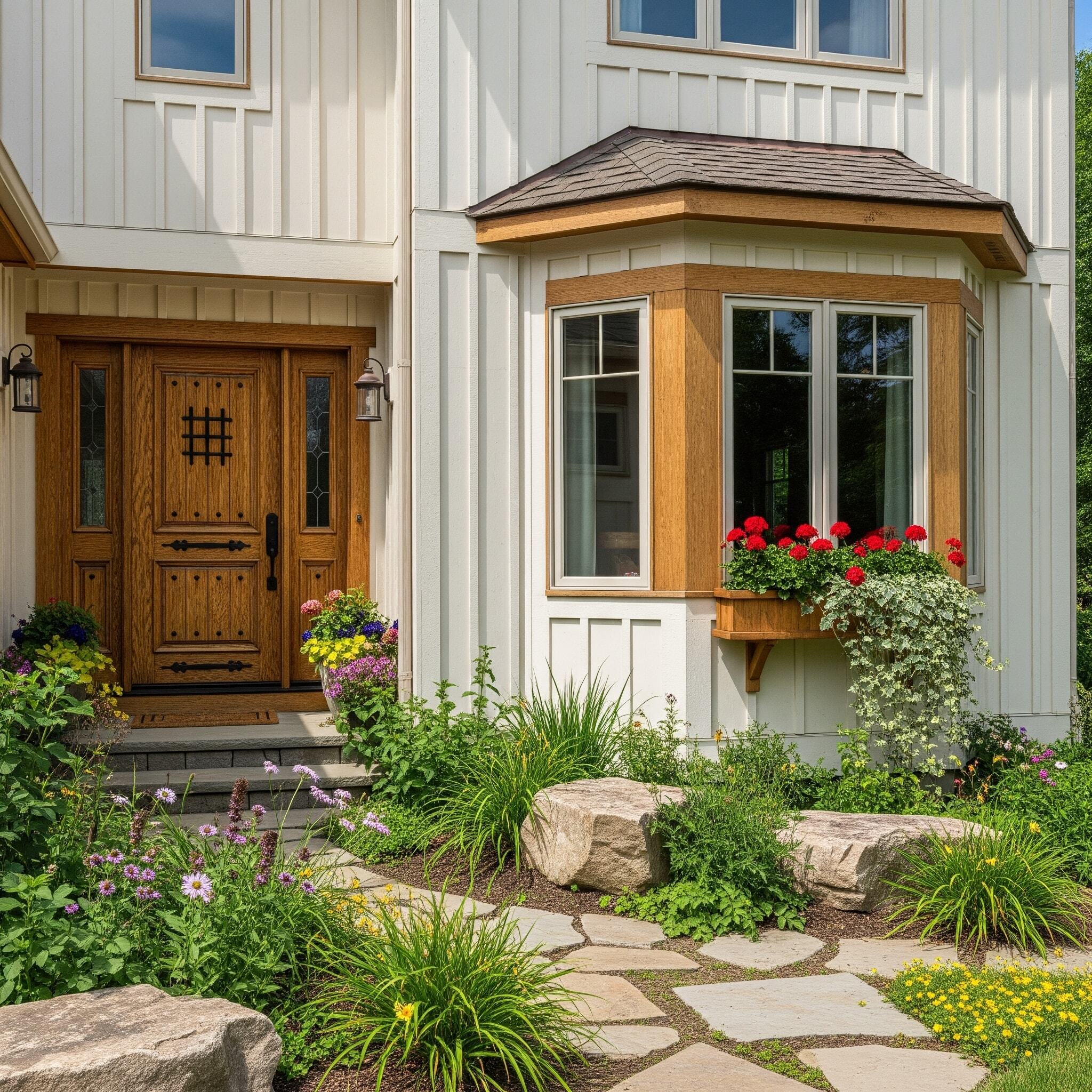 Rustic, european style home exterior with ivory board and batten siding exterior and aged oak front door and window accents