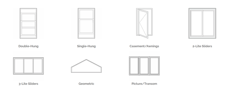 types of windows: double-hung, single-hung, casement, awning, 2-lite sliders, 3-lite sliders, geometric, picture